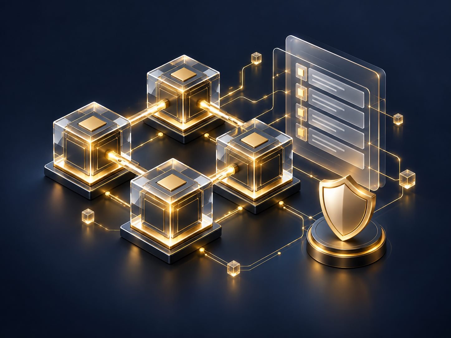 Blockchain solutions secure connected blocks and digital ledger illustration